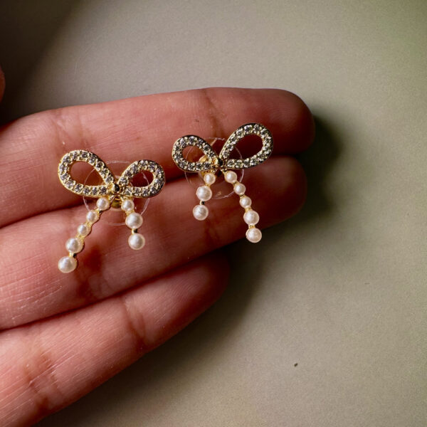 Gold Pearl Knot Dangle Bow Earrings for Women and girls - Image 2