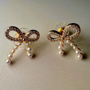 Gold Pearl Knot Dangle Bow Earrings for Women and girls