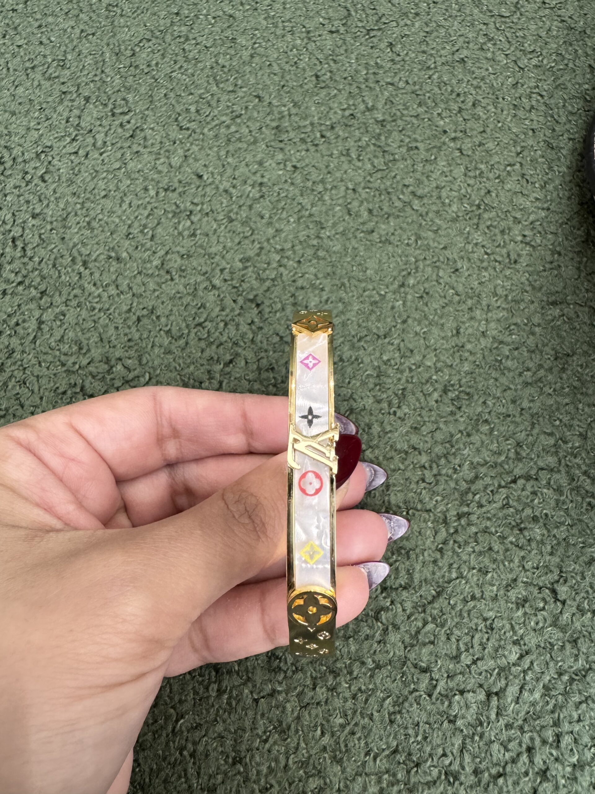 LV inspired white and gold plated bracelet with embroidery - Image 2