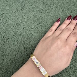 LV inspired white and gold plated bracelet with embroidery