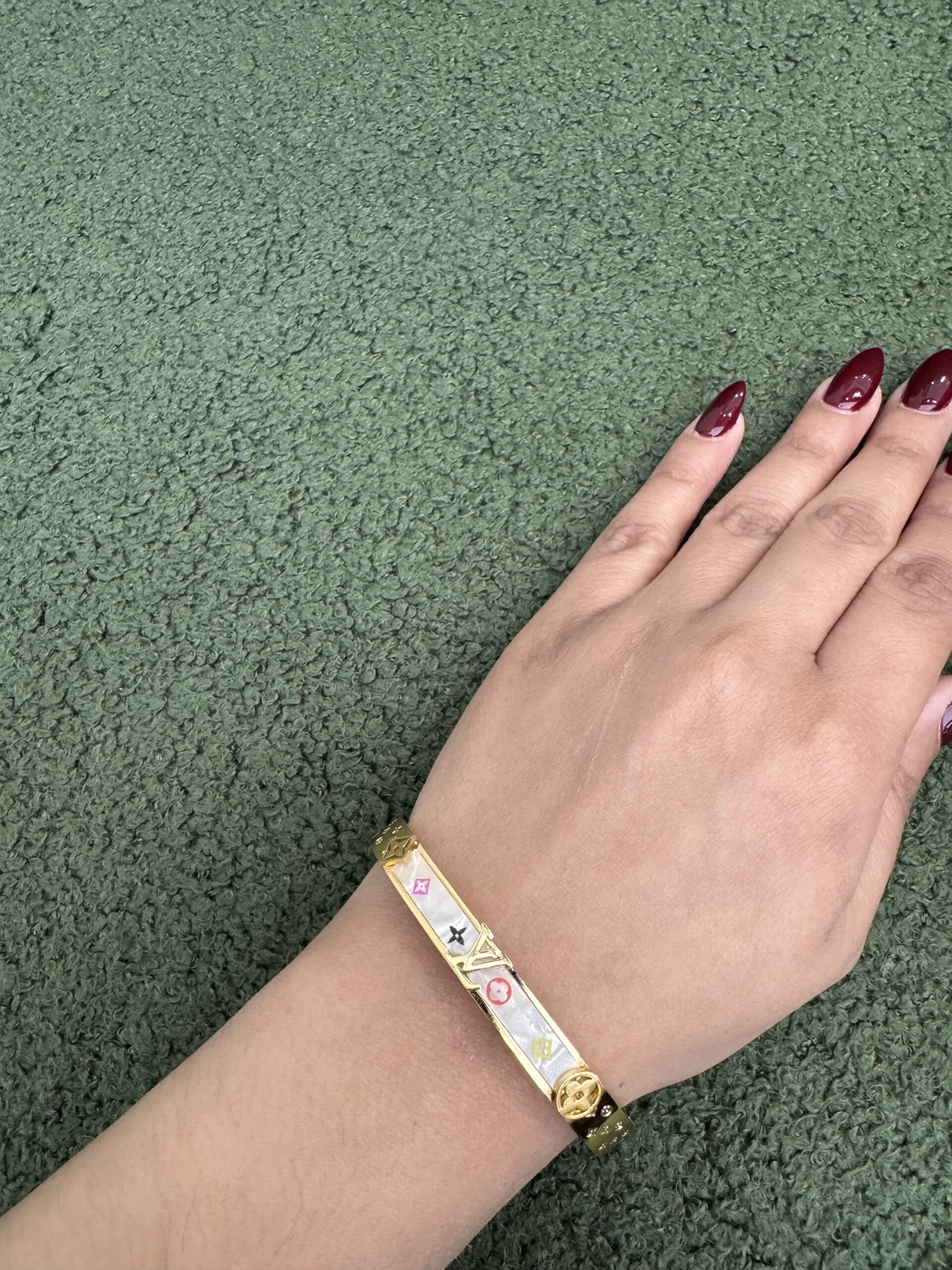 LV inspired white and gold plated bracelet with embroidery